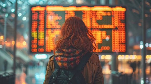 Traveler Checking Flight Details at International Airport Information Board