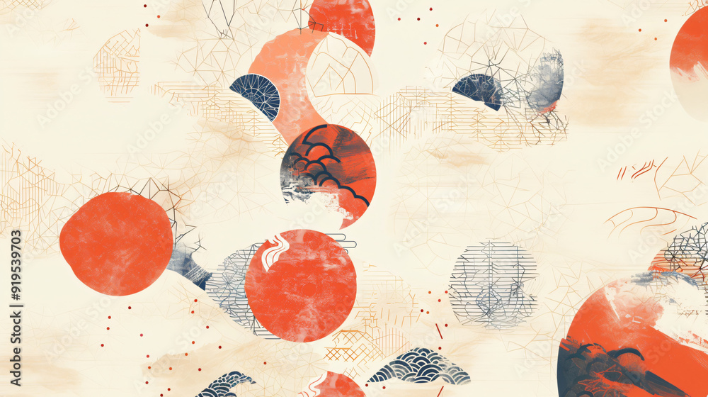 Poster red circles, geometric lines, japanese wave and fan patterns on a textured background