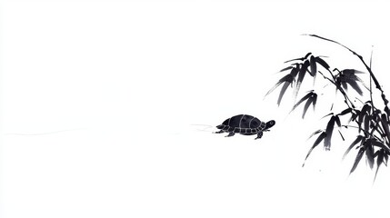 Ethereal Turtle in Tranquil Pond, A delicate Chinese ink brush painting depicting a serene turtle gliding through calm waters, framed by an elegant white backdrop.