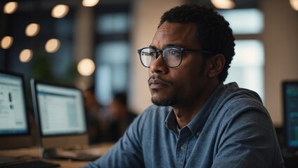 Obraz premium Pensive African American man in glasses distracted from computer work look in distance thinking or pondering, thoughtful biracial male lost in thoughts make plans visualizing, business vision concept