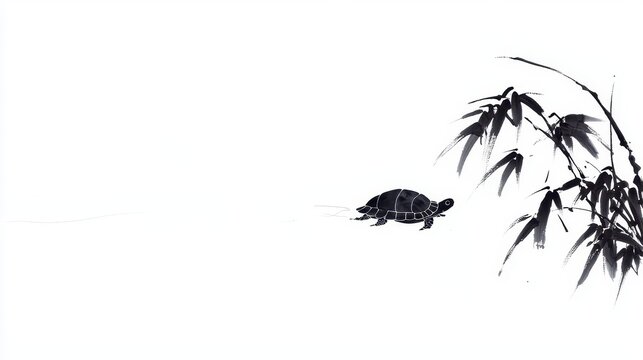 Ethereal Turtle in Tranquil Pond, A delicate Chinese ink brush painting depicting a serene turtle gliding through calm waters, framed by an elegant white backdrop.