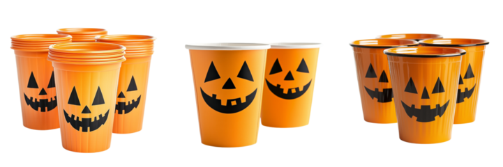 set of Halloween-themed party cups with pumpkin faces on a transparent background