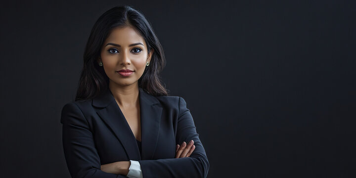 Confident Indian businesswoman in formal attire, arms crossed at desk