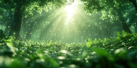 Obraz premium Sunbeams Through Lush Green Forest Undergrowth