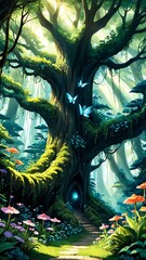 Anime enchanting forest filled with oversized flowers and glowing plants with soft dappled sunlight filtering through the tree canopy