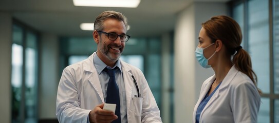 Pharmaceutical sales representative presenting new medication to doctor in medical building, shaking hands