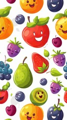 Various cartoon fruits with cheerful faces are playfully arranged across a bright white surface