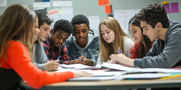 Multiethnic group of students learning and collaborating in a classroom