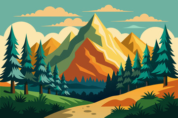 Hand drawn vector nature illustration with mountains and forest on first view art vector illustrator