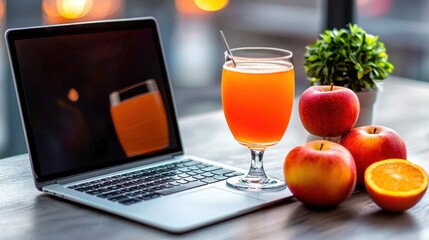 A refreshing drink beside a laptop, surrounded by apples and an orange, perfect for a healthy work environment.