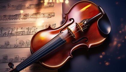 Fototapeta premium Elegant violin resting on a music sheet