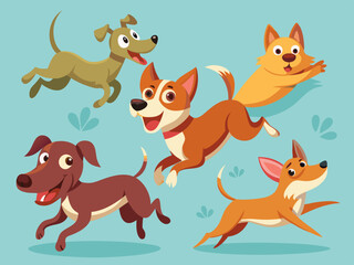 Cartoon dog. Active pet animal, cute puppy and dogs in different poses, running, jumping and sleeping character vector illustration set. Active and playful domestic pets spending leisure time
