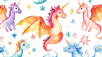 Naklejka premium How about this: Watercolor illustration of a cute horse, inspired by safari and cartoon themes, featuring animals like giraffes and dinosaurs