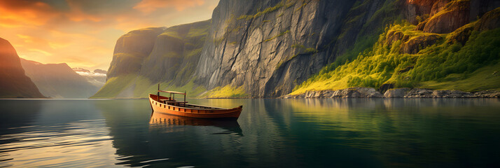 Majestic Journey through Nature's Beauty: A Mesmerizing Fjord Boat Trip under the Golden Sun