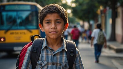 Poor dark haired 8 year old Latin boy walks down the street on his way to study back to school with a backpack the family makes an economic effort in their poverty to buy the books
