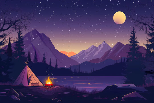 beautiful night landscape, tent and camfire with mountain view