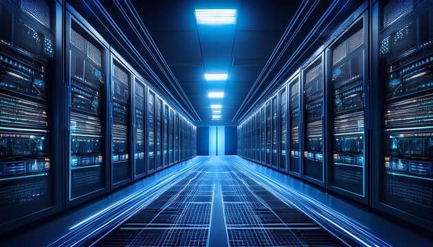 enigmatic server room bathed in neon blue light rows of sleek black servers stretching into infinity glowing cables intertwining like digital vines futuristic cyberpunk atmosphere