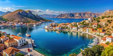 Obraz premium Panoramic view of Megisti harbour and sea port in Kastellorizo, Dodecanese, Greece , Kastellorizo, Greek island