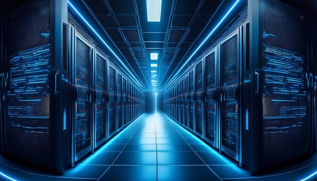 enigmatic server room bathed in neon blue light rows of sleek black servers stretching into infinity glowing cables intertwining like digital vines futuristic cyberpunk atmosphere