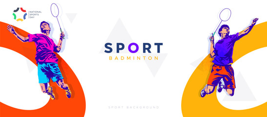 vector illustration of a badminton athlete with a jumping smash action. colored silhouette style design, grunge. badminton national sports day celebration design concept. national sports day