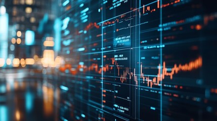 This image depicts a dynamic and futuristic market chart and graph against a city backdrop The design emphasizes digital technology with elements like light patterns, waves, and cybernetic textures, r