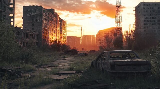 Overgrown abandoned city street at sunset, timelapse. Ruined skyscrapers in post apocalyptic cityscape. Dystopian urban landscape. War aftermath concept, apocalypse. 