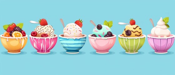 Six colorful bowls of various flavored ice cream are showcased on a blue background, each topped with unique toppings like fruits or mint leaves, ready to be enjoyed with spoons.