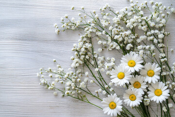 A flat lay of fresh daisies and babys breath arrange