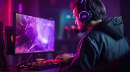 pro gamer man in headphones live streaming while playing online computer game, neon lights, esports,  gaming, monitor, play, young, player, internet, enjoyment, cyber,