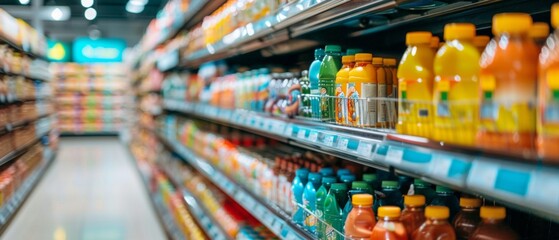 Beverage aisle in grocery shop with soda, juice on shelves. Focus on foreground row of bottles, blue light at the end