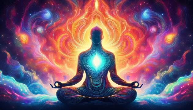 ethereal digital illustration of a meditating figure surrounded by swirling colorful aura energy blending spiritual symbolism with abstract elements in a dreamy cosmic setting