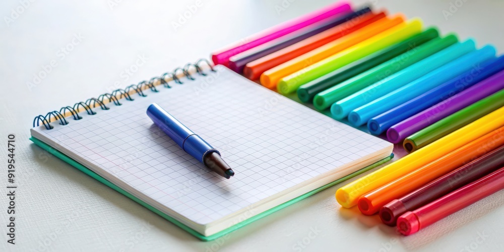 Poster A close up of colorful markers on a white desk with a blank notepad, representing projects and plans, planning
