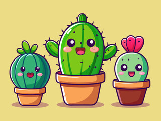 Cute cactus. Cartoon cactuses, succulents or cacti plant characters in pots. Mexican prickly plants with funny faces and emotion. Fun home cacti stickers and badges. Vector set 
