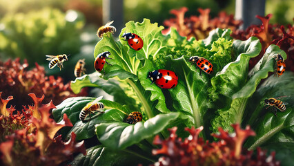 beneficial insects like ladybugs or bees on salad plants.