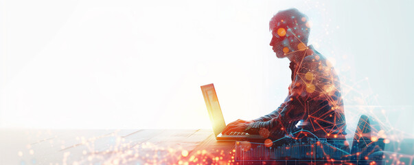 Silhouette of a person working on a laptop with abstract digital elements overlay in the background. Concepts of technology, innovation, and remote work in a modern digital landscape.