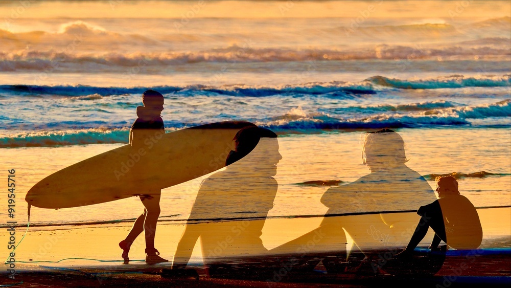 Poster Double exposure of surfer walking on beach at sunset, with silhouettes of people sitting on the sand