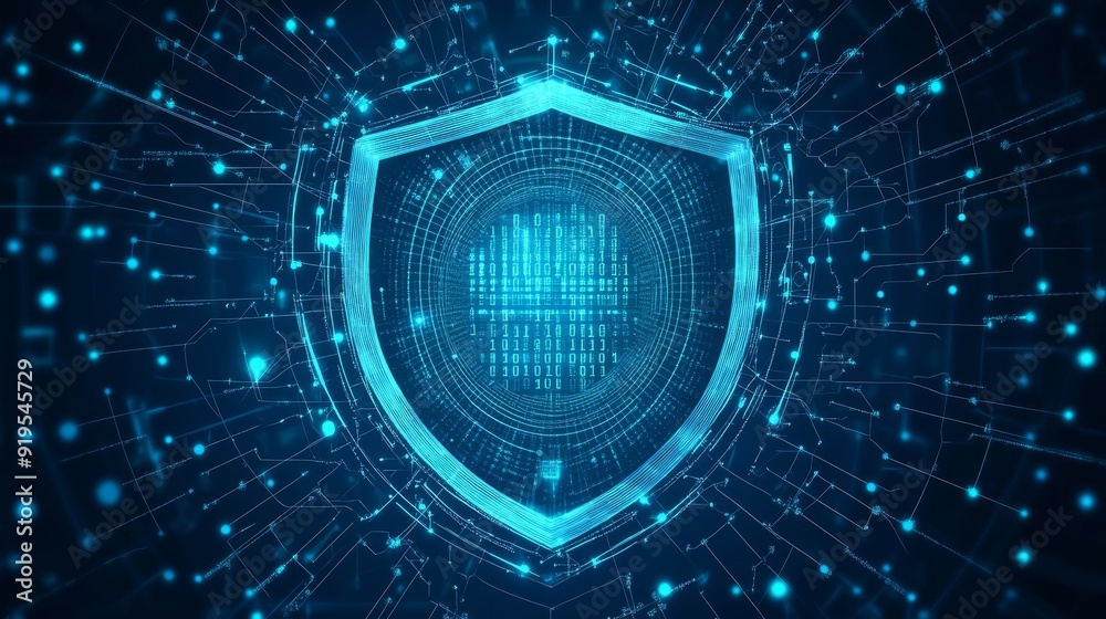 Poster 3d rendering of a digital shield on an abstract technology background. abstract wireframe illustrati