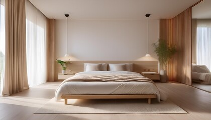ethereal modern bedroom with soft beige tones minimalist decor and a serene atmosphere large empty white wall for art wooden bed frame with plush pillows ambient lighting