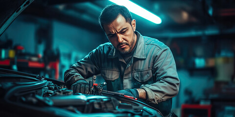Hispanic man working as a mechanic, using tools under the hood of a car in a garage