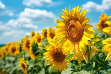 Vibrant sunflowers bloom in a field under a bright blue sky, showcasing nature's beauty and warmth during summertime.