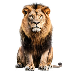 Fototapeta premium Majestic lion sitting with a regal expression and a well-groomed mane, isolated on a white background.