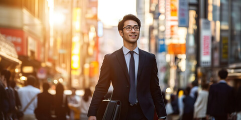 Asian man in traditional business attire walking through a bustling city street, carrying a briefcase