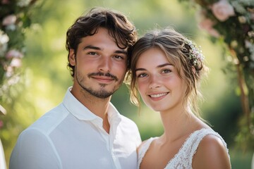 Fototapeta premium A couple smiles happily as they pose together in a vibrant garden, adorned with flowers, celebrating their wedding day in a serene outdoor setting