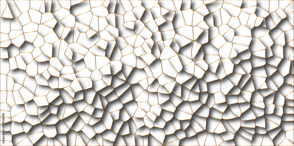 Poster Abstract white paper cut shadows background realistic crumpled decoration textured with multi layers.Broken tiles mosaic seamless pattern.white gravel with golden line wallpaper. vector illustration.