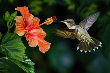 Obraz premium A vibrant hummingbird hovering near a bright hibiscus flower, showcasing nature's beauty and intricate details.
