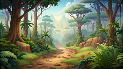 Horizontal cartoon background jungle with hiking road