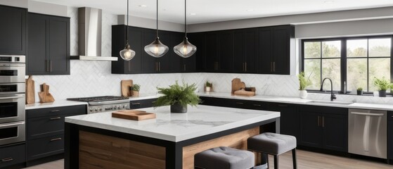 Sleek modern black kitchen featuring marble countertops, stylish cabinetry, and stainless steel appliances. Perfect blend of elegance and functionality for contemporary living.