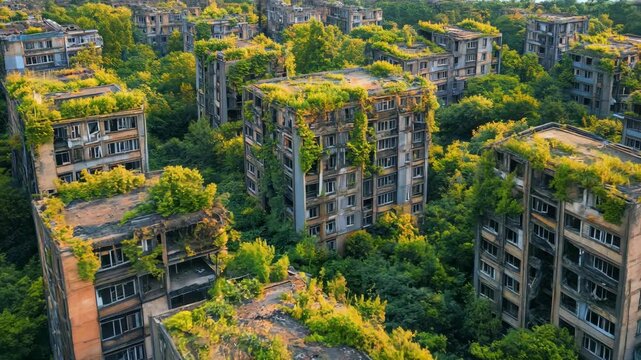 Aerial view of overgrown abandoned city. Ruined skyscrapers in post apocalyptic cityscape. Dystopian urban landscape. War aftermath concept, apocalypse. 