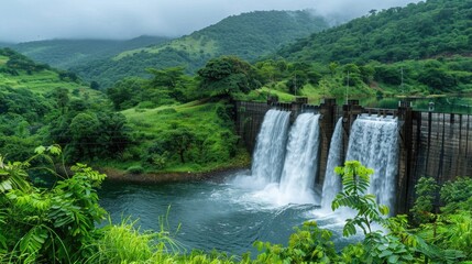 A misty green mountain with a dam and flowing water cascading over the edge.
