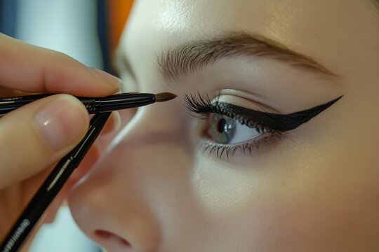 A makeup artist carefully applying eyeliner on a model’s eyes during a beauty tutorial in a well-lit studio